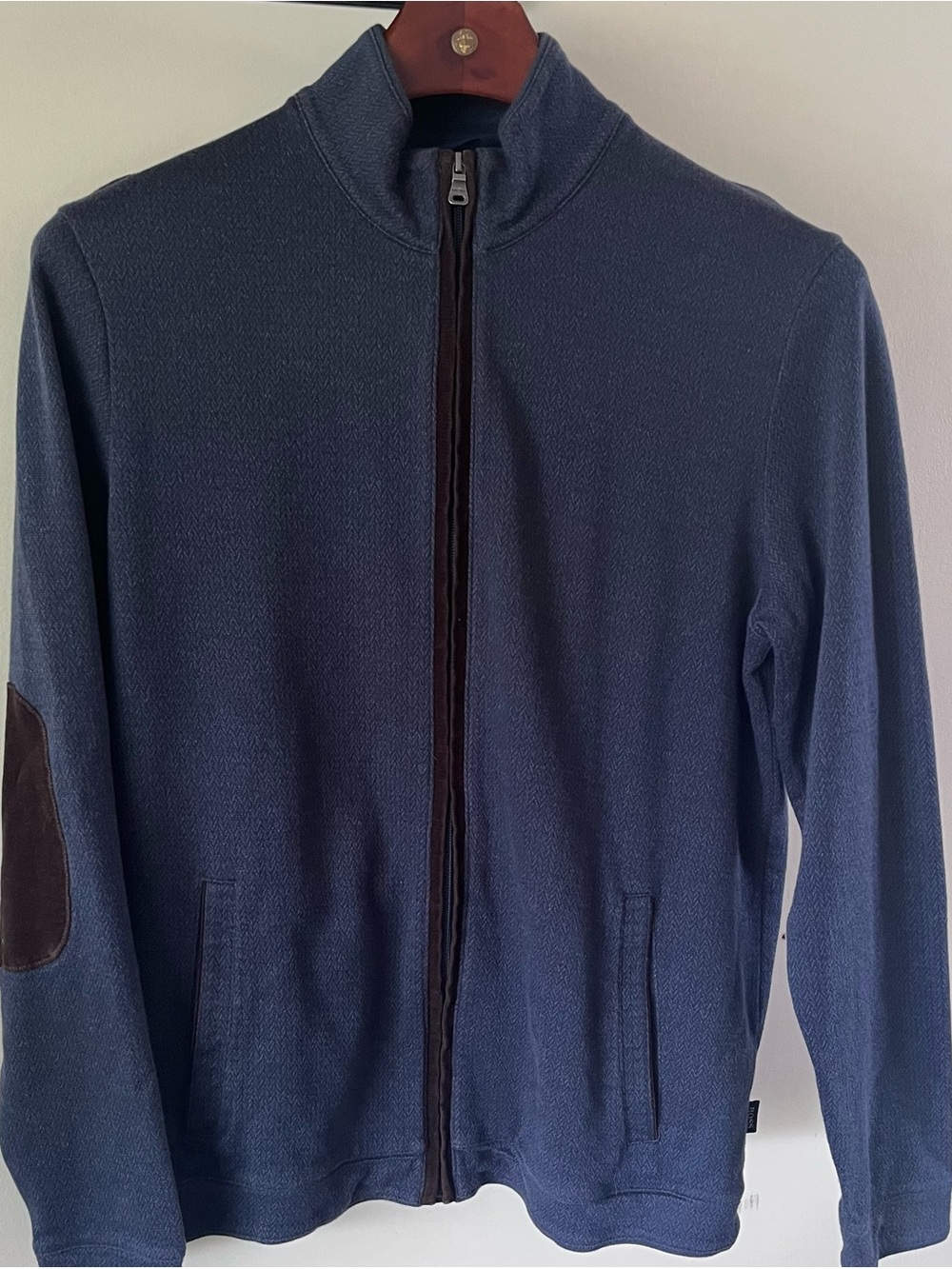 HUGO BOSS Men’s Blue Full-Zip Sweater with Brown Corduroy Elbow Patches